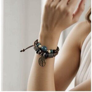 Tree of Life Charm Brown Leather Double Layer Beaded Bracelet Unisex Adjustable